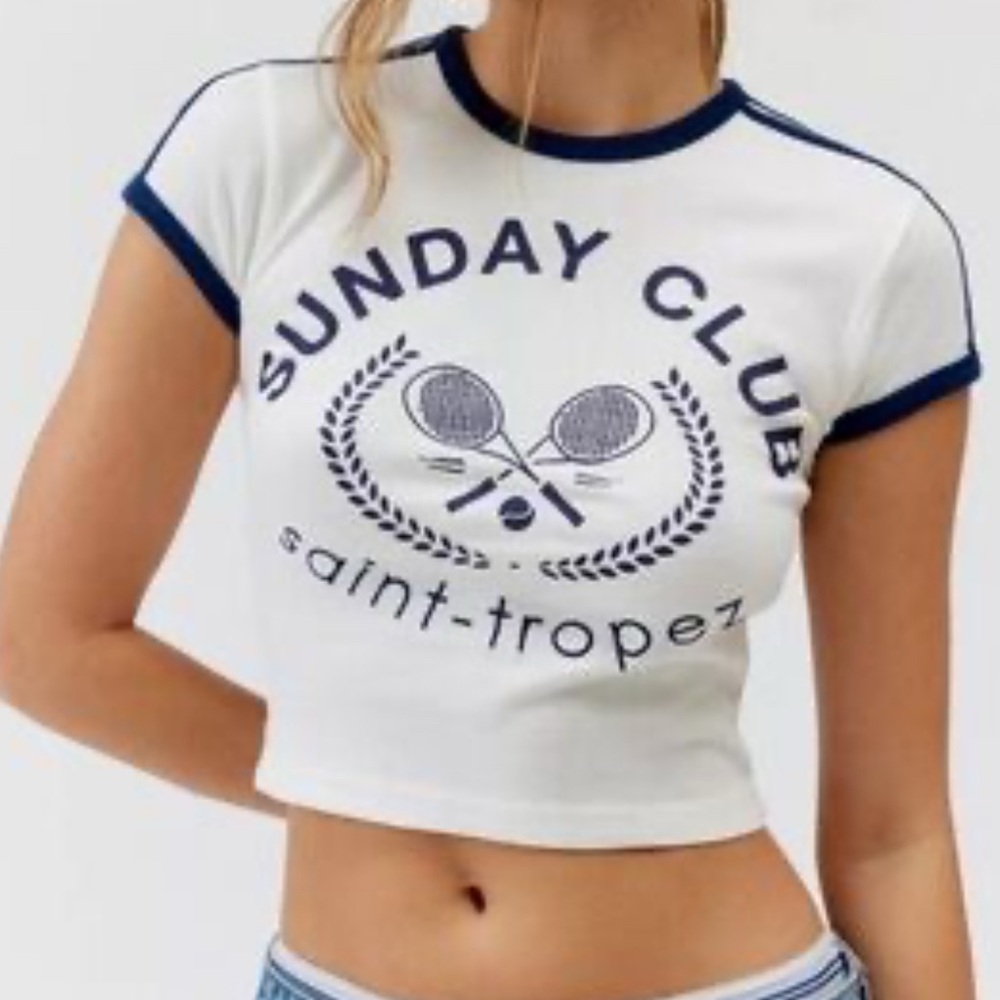 Urban Outfitters White and Navy Graphic Baby Tee